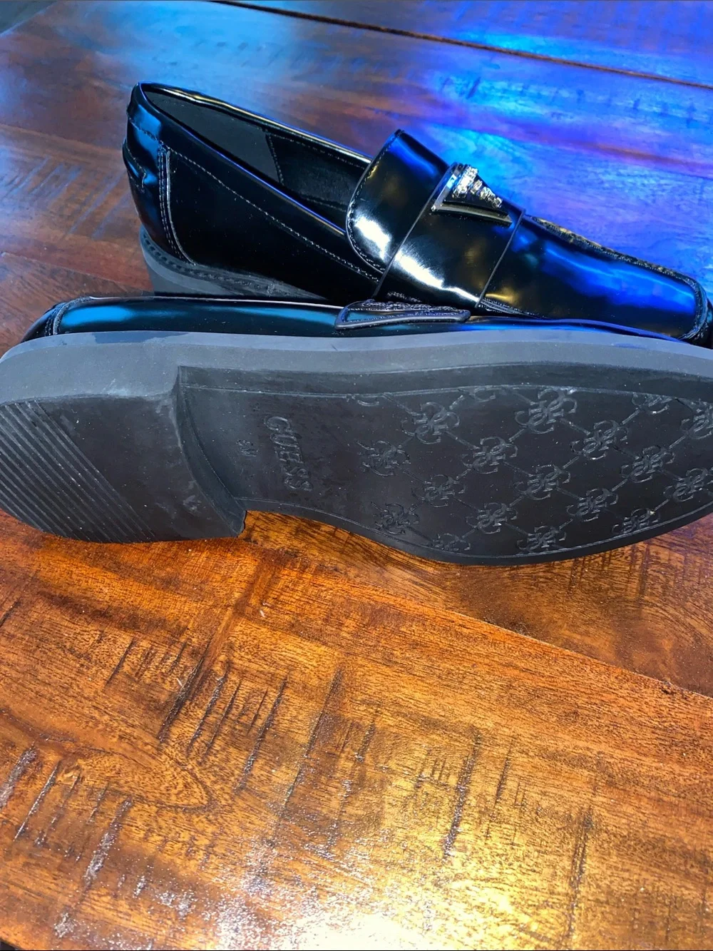 GUESS Black Patent Loafers with Gold Triangle Logo